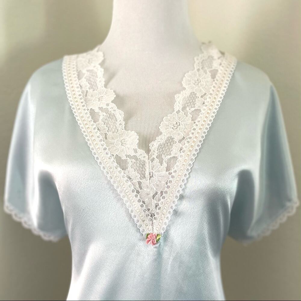 Vintage Nightgown Satin Sheer Lace  Light Blue Satin Slip Dress Silky Lingerie - Picture 14 of 16